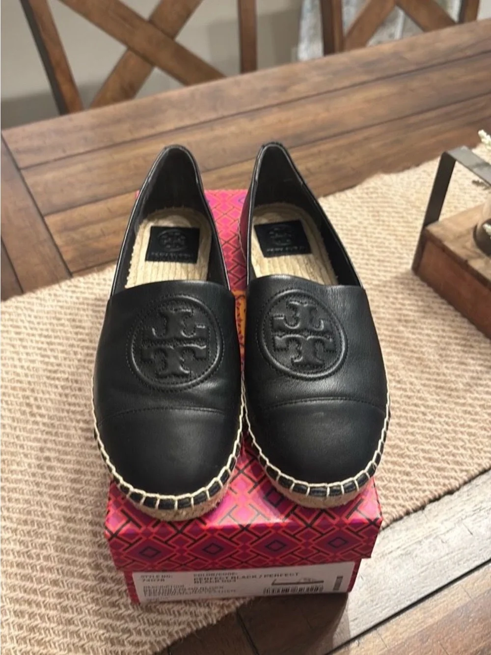 Tory Burch Black Leather Espadrille Slip-On Espadrilles.